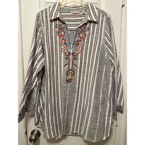 Soft Surroundings Top, Aruba Popover Embroidered Stripe Tunic, 2x